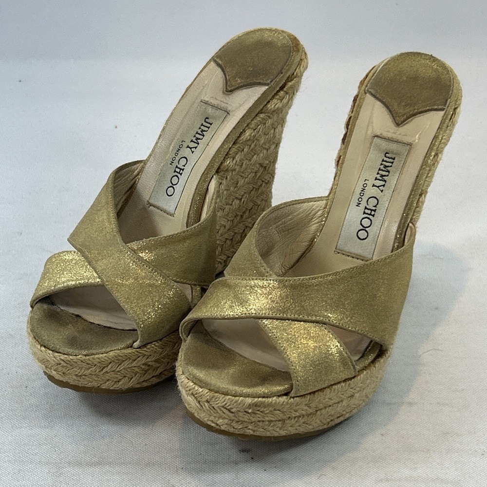 Jimmy Choo Phyllis Gold Wedge Espadrille Sandal36EU 5.5US Y2k Woman Summer Italy